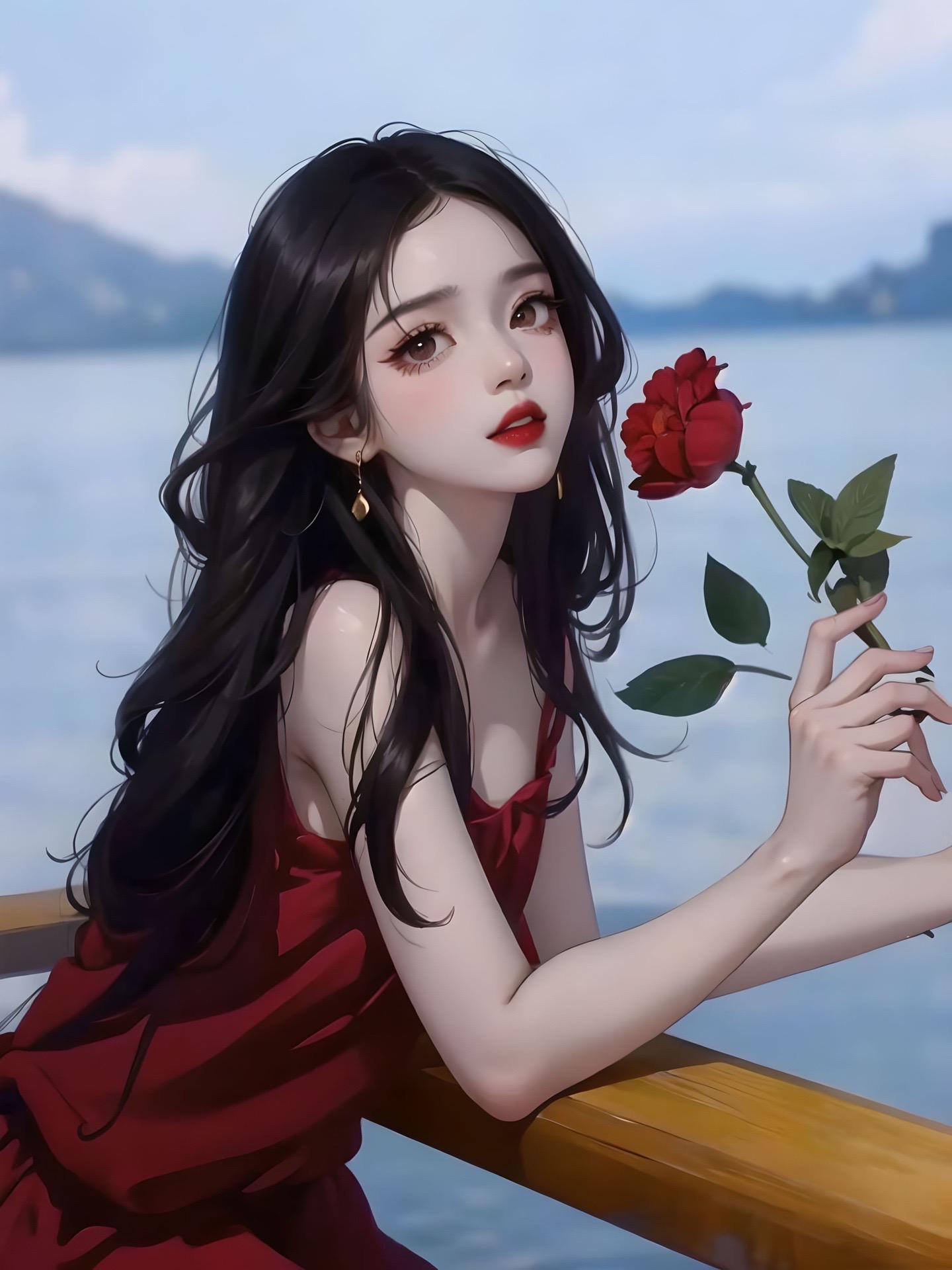 A red dress, a story of red roses. #Ai Painting #Red Dress Miss Sister #Avatar #Wallpaper